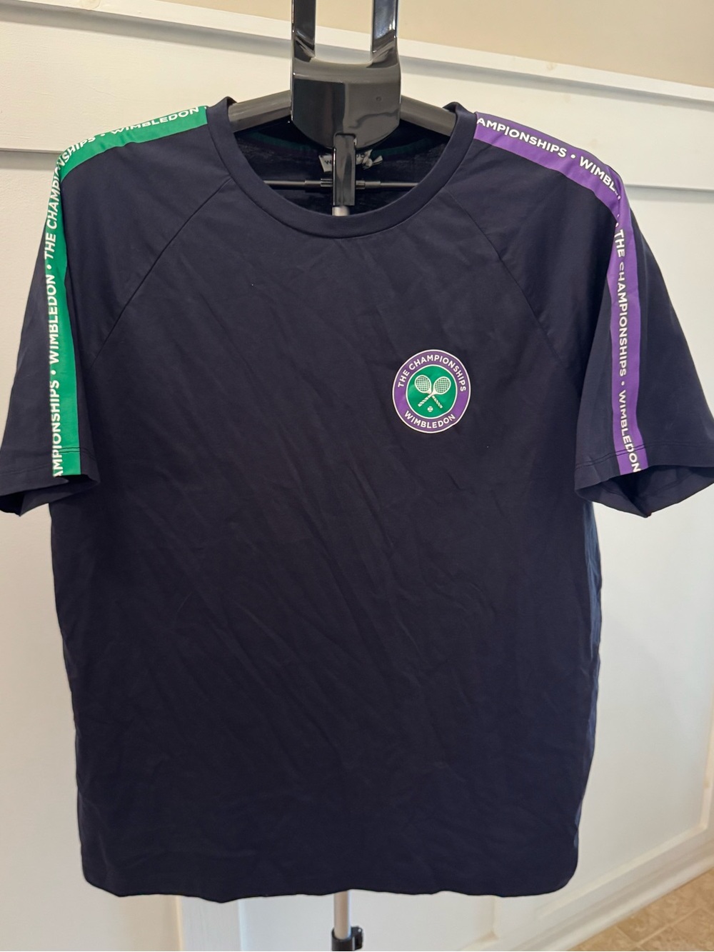 Wimbledon Navy T‑Shirt with Green & Purple Shoulder Stripes Official! NWT